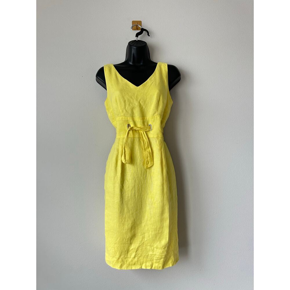 Vintage 90s Yellow 100% Linen Sheath Dress Sleeveless 90s Minimalist Summer Midi